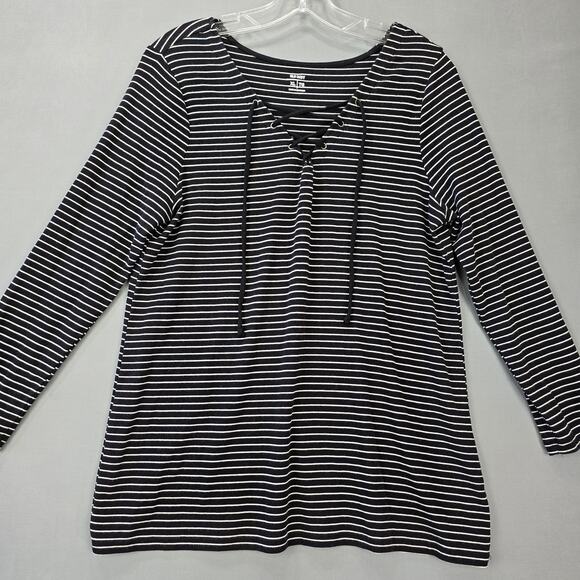 Old Navy Black Striped Shirt Classic Tie V-Neck Tee Stretch Women's Size XL Top - Picture 1 of 7